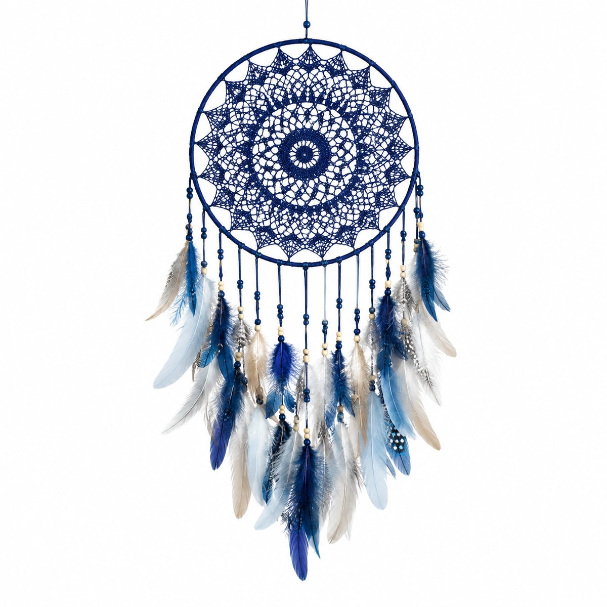 Acchiappasogni sospeso 45 x 100 cm in corda blu con piume decorative stile boho