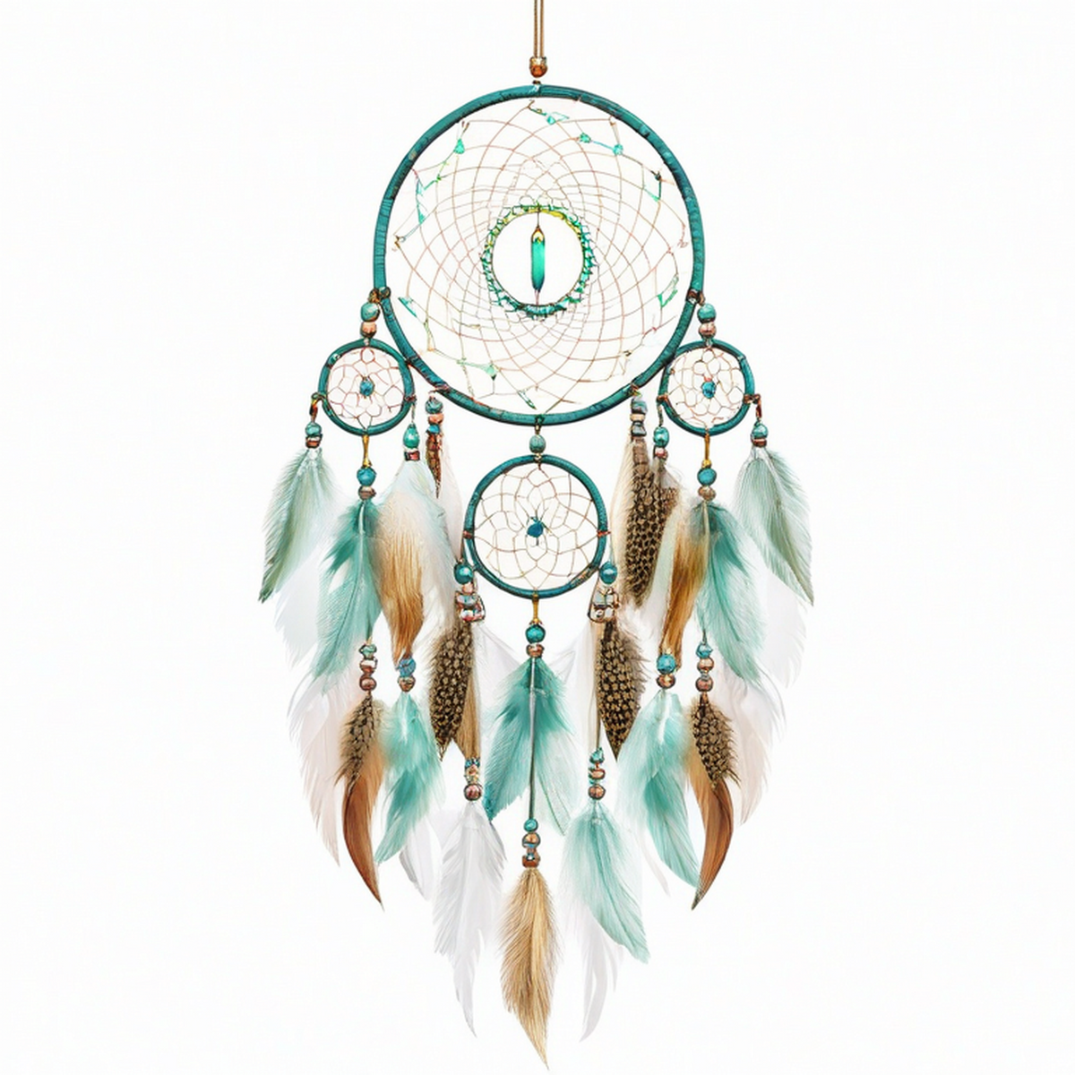 Acchiappasogni sospeso 50 x 100 cm in corda e piume verde turchese stile boho