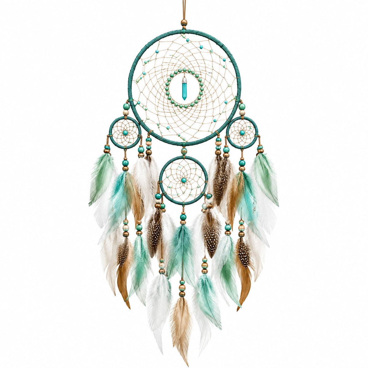 Acchiappasogni sospeso 50 x 100 cm in corda e piume verde turchese stile boho