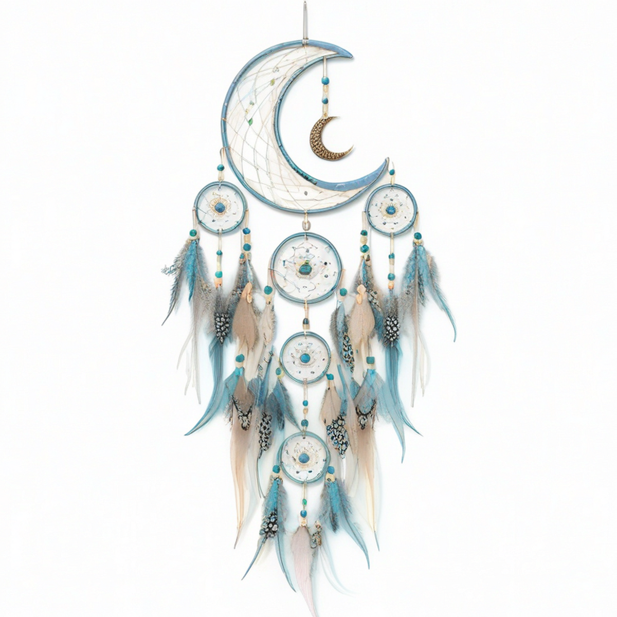 Acchiappasogni da parete 45 x 100 cm in corda turchese con piume e luna decorativa