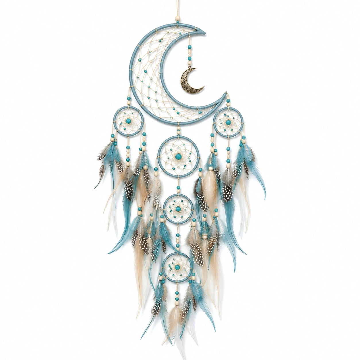 Acchiappasogni da parete 45 x 100 cm in corda turchese con piume e luna decorativa