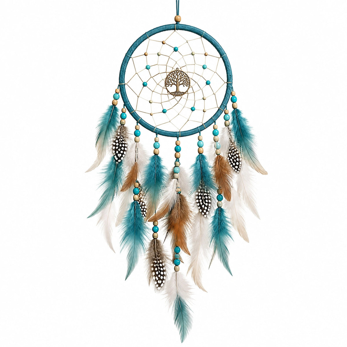 Acchiappasogni sospeso 30 x 70 cm con piume turchese e albero decorativo