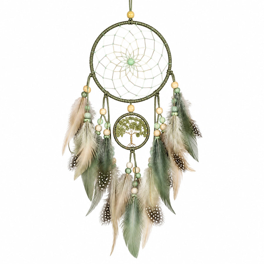 Acchiappasogni sospeso 20 x 55 cm in corda verde con piume e perline decorazione boho