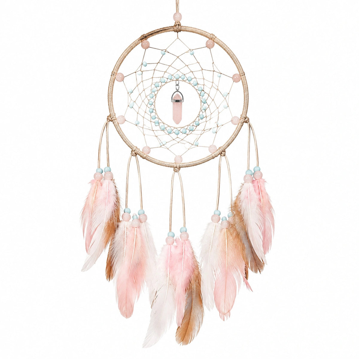 Acchiappasogni sospeso 30 x 75 cm in corda beige con piume rosa stile boho