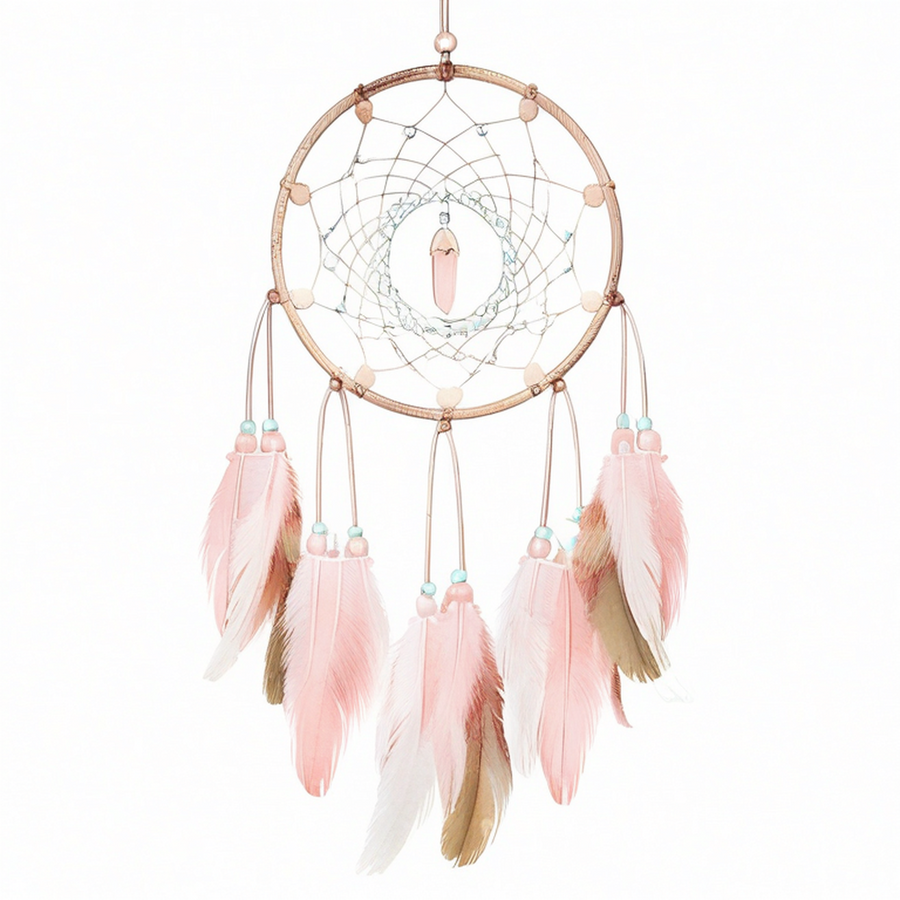 Acchiappasogni sospeso 30 x 75 cm in corda beige con piume rosa stile boho