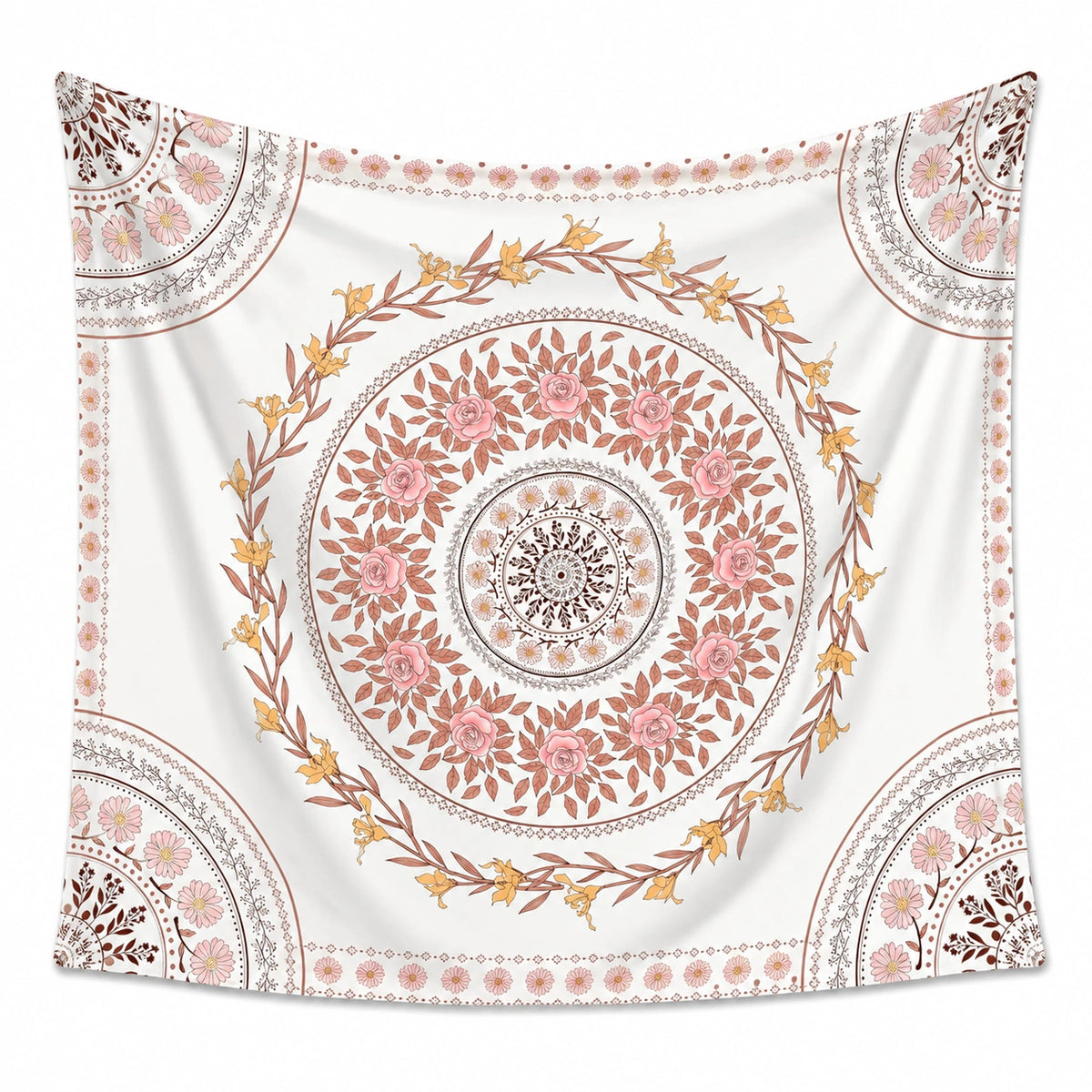 Arazzo da parete 150 x 150 cm in poliestere bianco rosa con motivo floreale decorativo