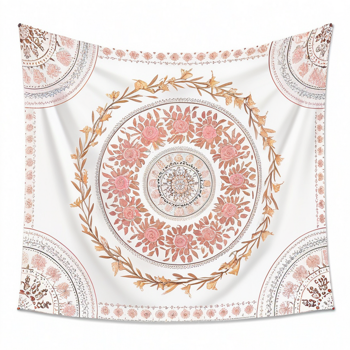 Arazzo da parete 150 x 150 cm in poliestere bianco rosa con motivo floreale decorativo