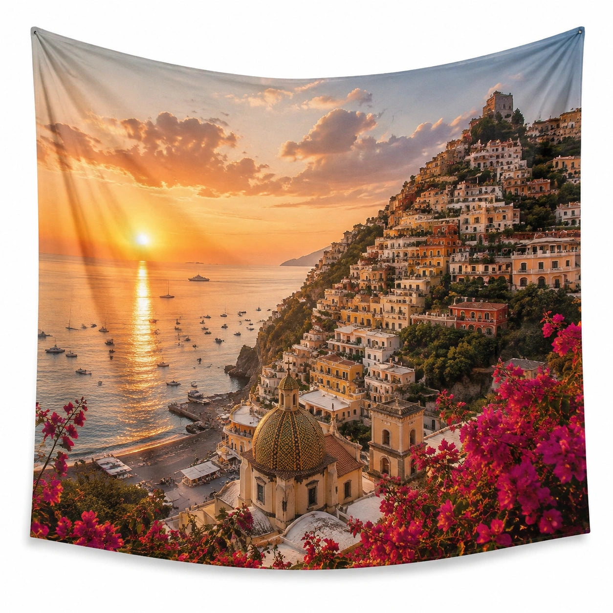 Arazzo da parete 150 x 130 cm in poliestere multicolore con paesaggio costiero al tramonto