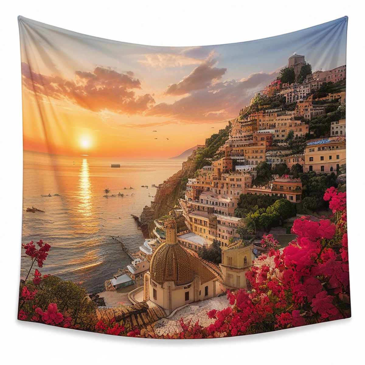 Arazzo da parete 150 x 130 cm in poliestere multicolore con paesaggio costiero al tramonto