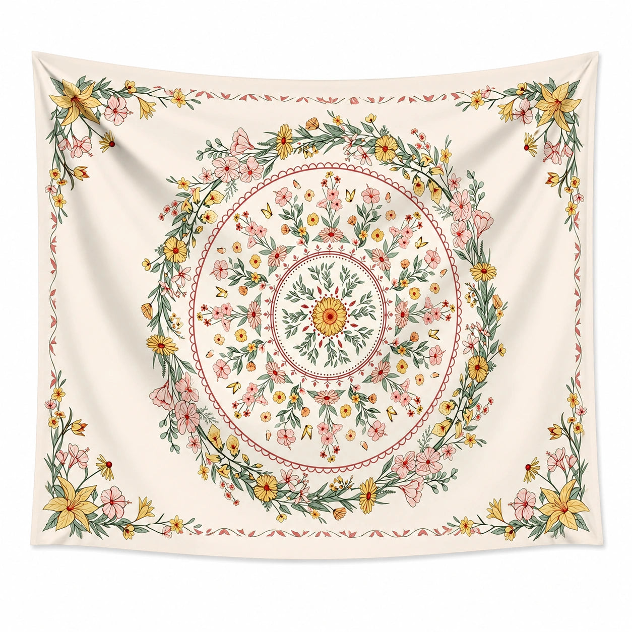 Arazzo da parete 150 x 150 cm in poliestere avorio con stampa floreale - decorazione bohémien