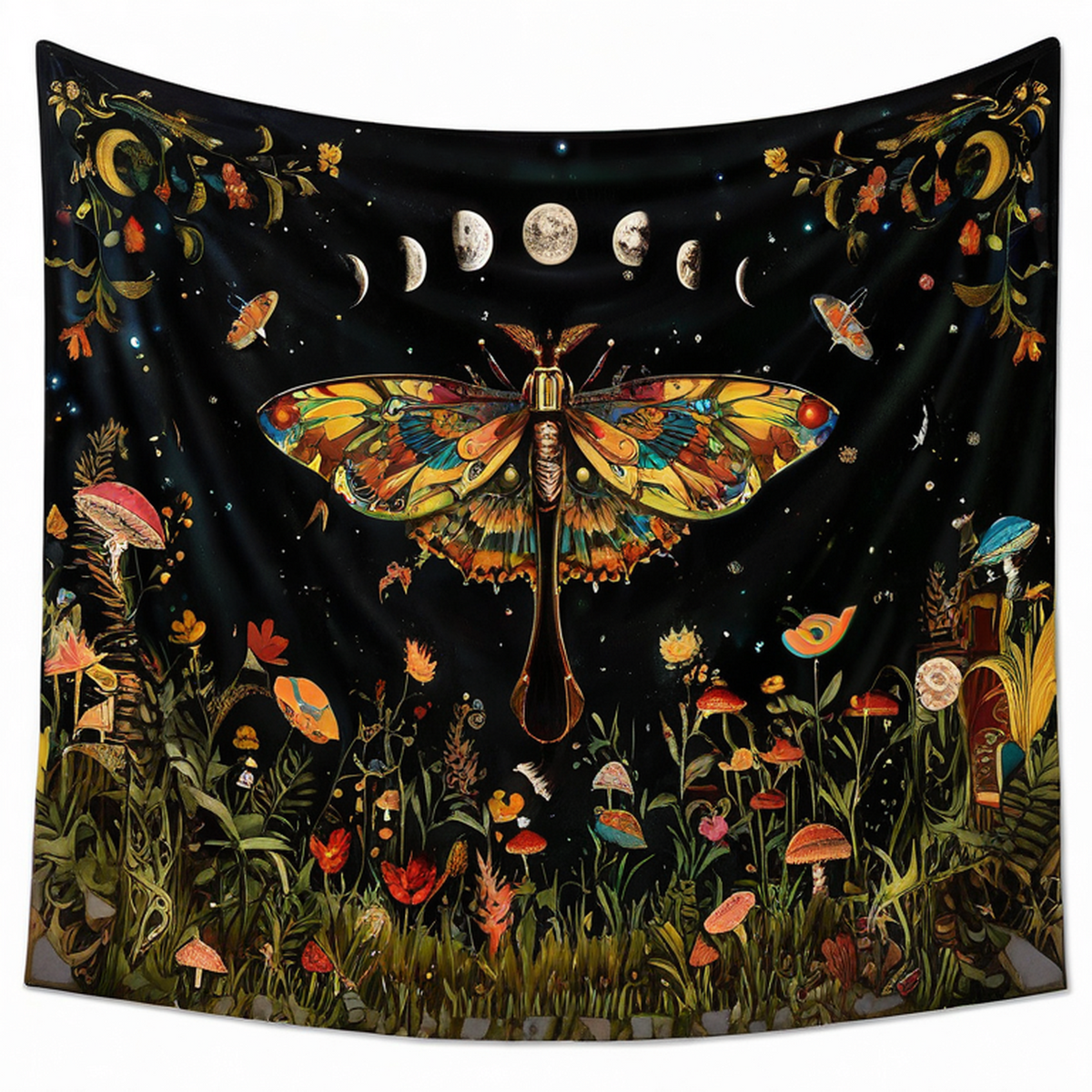 Arazzo da parete 150 x 130 cm in poliestere nero con falena fiori e luna - decorazione botanica