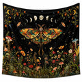 Arazzo da parete 150 x 130 cm in poliestere nero con falena fiori e luna - decorazione botanica