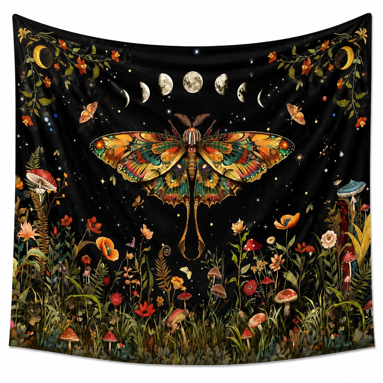 Arazzo da parete 150 x 130 cm in poliestere nero con falena fiori e luna - decorazione botanica