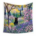 Arazzo da parete 150 x 130 cm in poliestere multicolore con gatto e giardino floreale
