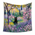 Arazzo da parete 150 x 130 cm in poliestere multicolore con gatto e giardino floreale