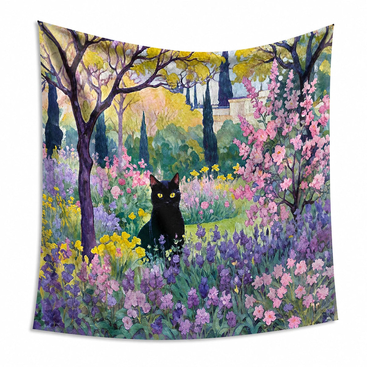 Arazzo da parete 150 x 130 cm in poliestere multicolore con gatto e giardino floreale