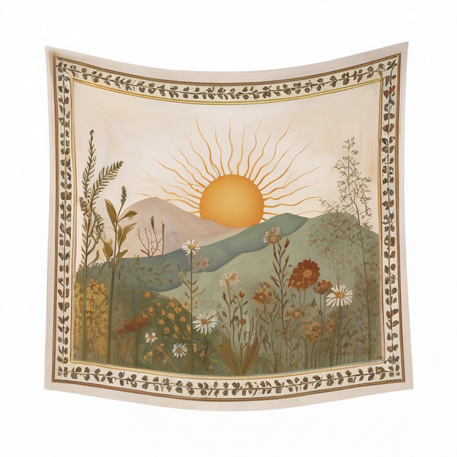 Arazzo da parete 150 x 150 cm in tessuto beige con paesaggio floreale stile botanico