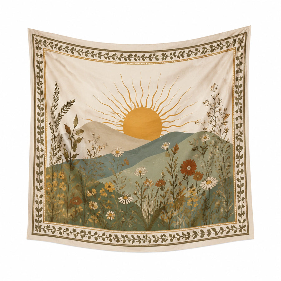 Arazzo da parete 150 x 150 cm in tessuto beige con paesaggio floreale stile botanico