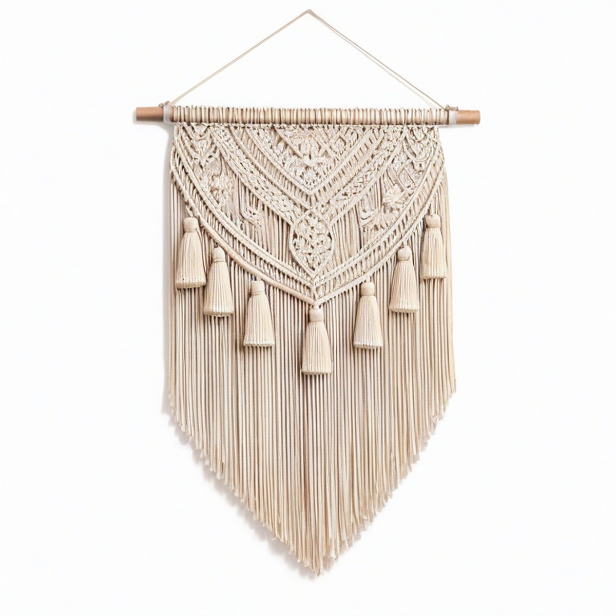 Arazzo da parete 50 x 90 cm in cordoncino tessile beige con frange stile boho