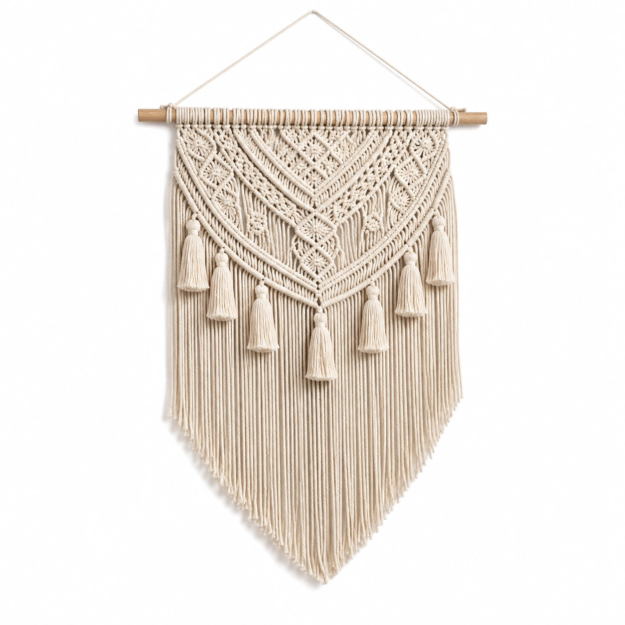 Arazzo da parete 50 x 90 cm in cordoncino tessile beige con frange stile boho