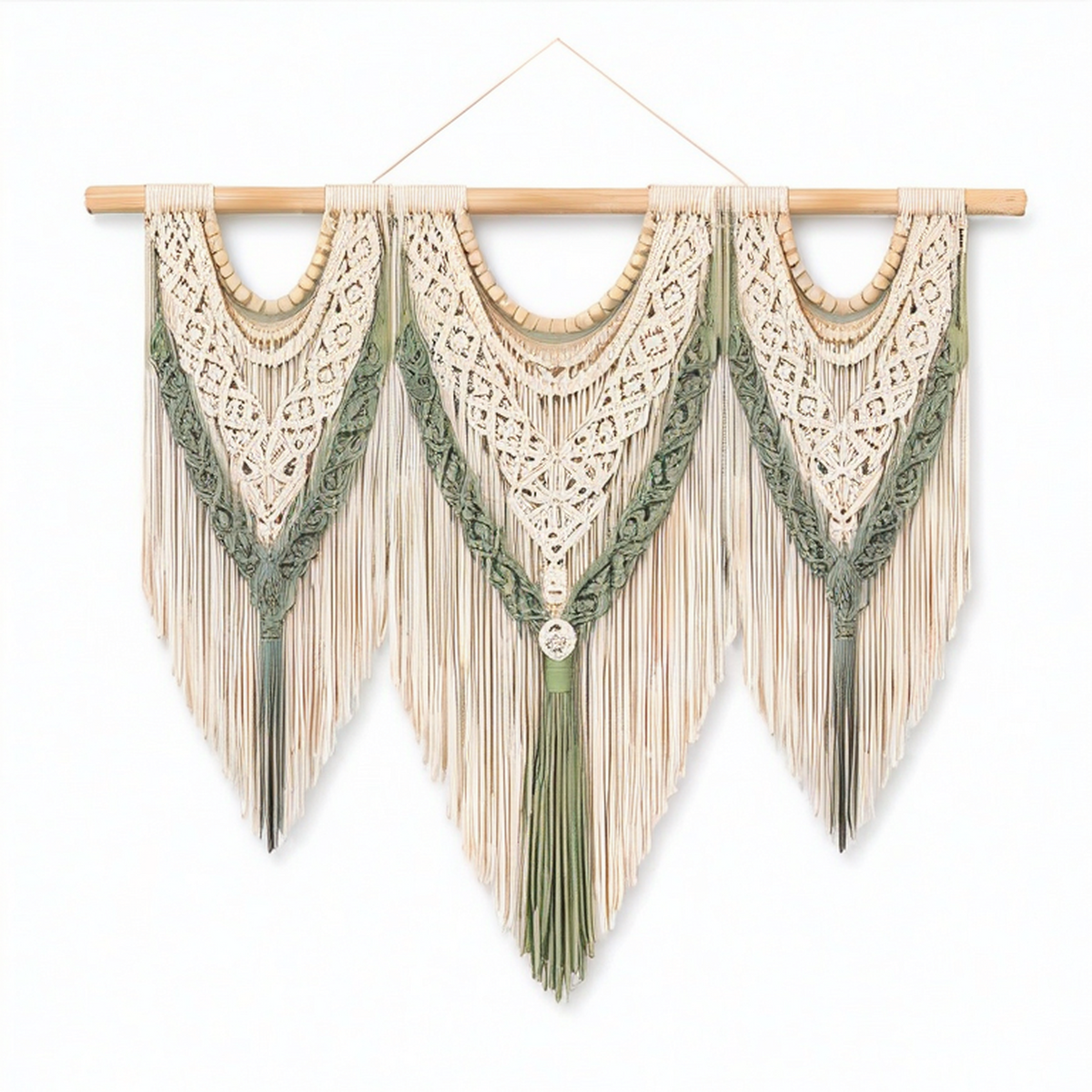 Arazzo da parete 110 x 100 cm in cotone beige e verde salvia con asta in legno stile boho
