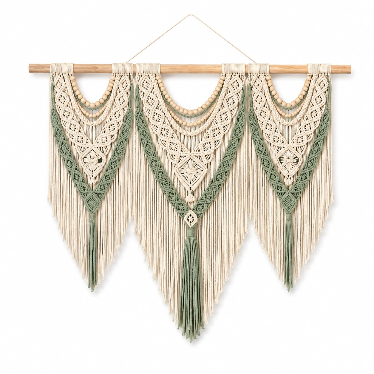 Arazzo da parete 110 x 100 cm in cotone beige e verde salvia con asta in legno stile boho