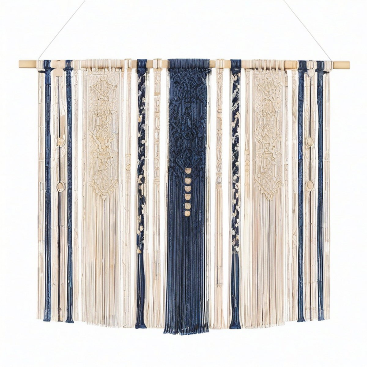 Arazzo da parete in macramè 100 x 100 cm beige/blu in cotone con asta in legno stile boho