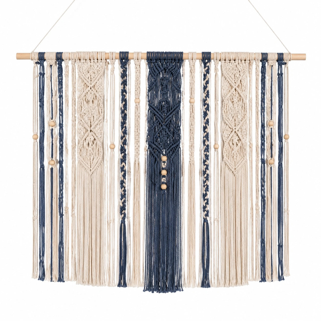 Arazzo da parete in macramè 100 x 100 cm beige/blu in cotone con asta in legno stile boho
