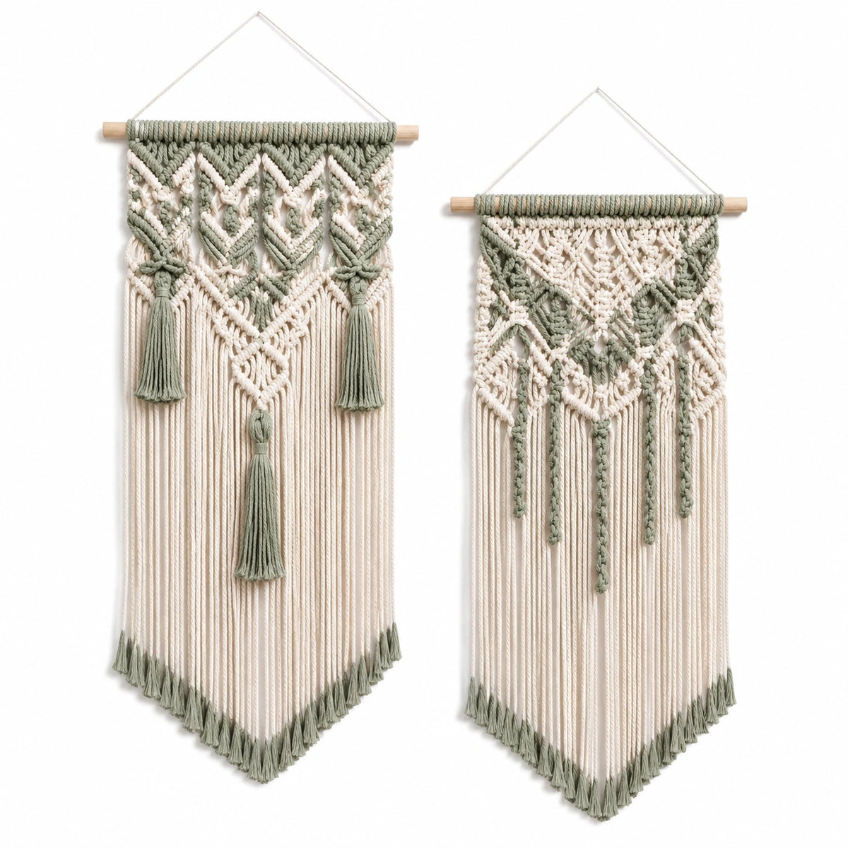 Set di 2 arazzi da parete in corda di cotone beige e verde salvia 40 x 85 cm stile boho