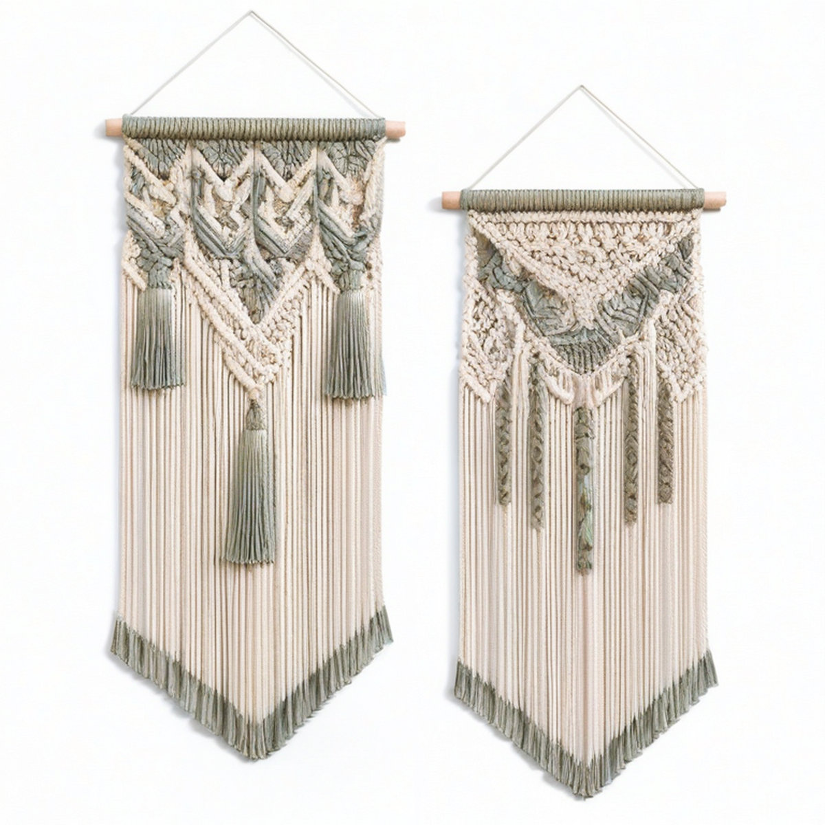 Set di 2 arazzi da parete in corda di cotone beige e verde salvia 40 x 85 cm stile boho