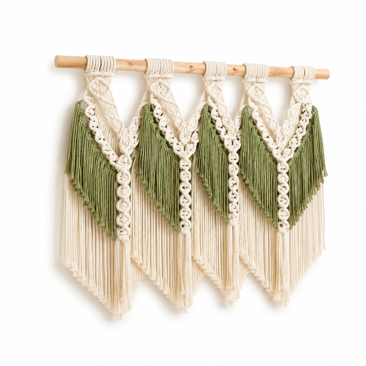 Arazzo da parete 100 x 85 cm in cotone verde e avorio con asta in legno stile boho