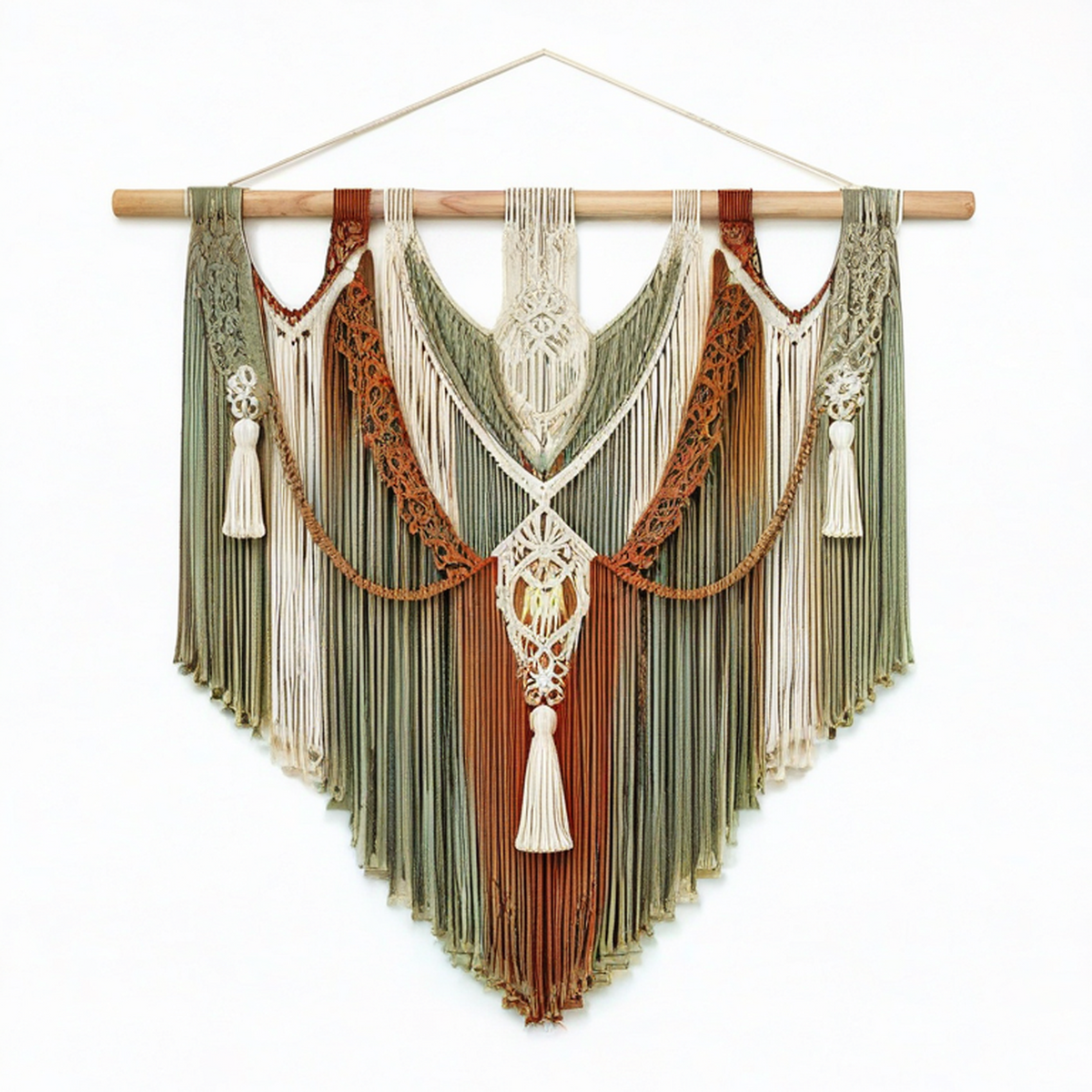 Arazzo da parete in macramè 100 x 110 cm in corda tessile verde salvia avorio e terracotta stile boho
