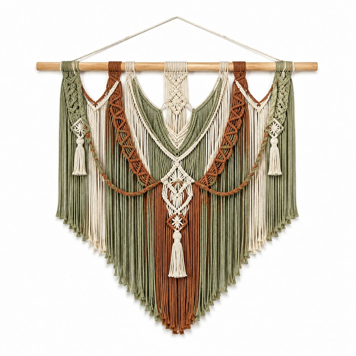Arazzo da parete in macramè 100 x 110 cm in corda tessile verde salvia avorio e terracotta stile boho
