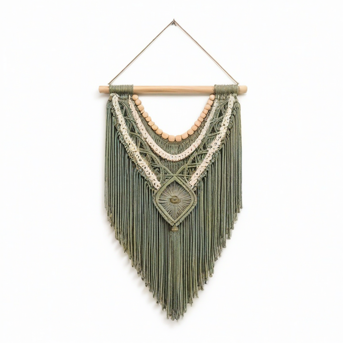 Arazzo da parete macramè 45 x 80 cm in cotone verde salvia con frange stile boho