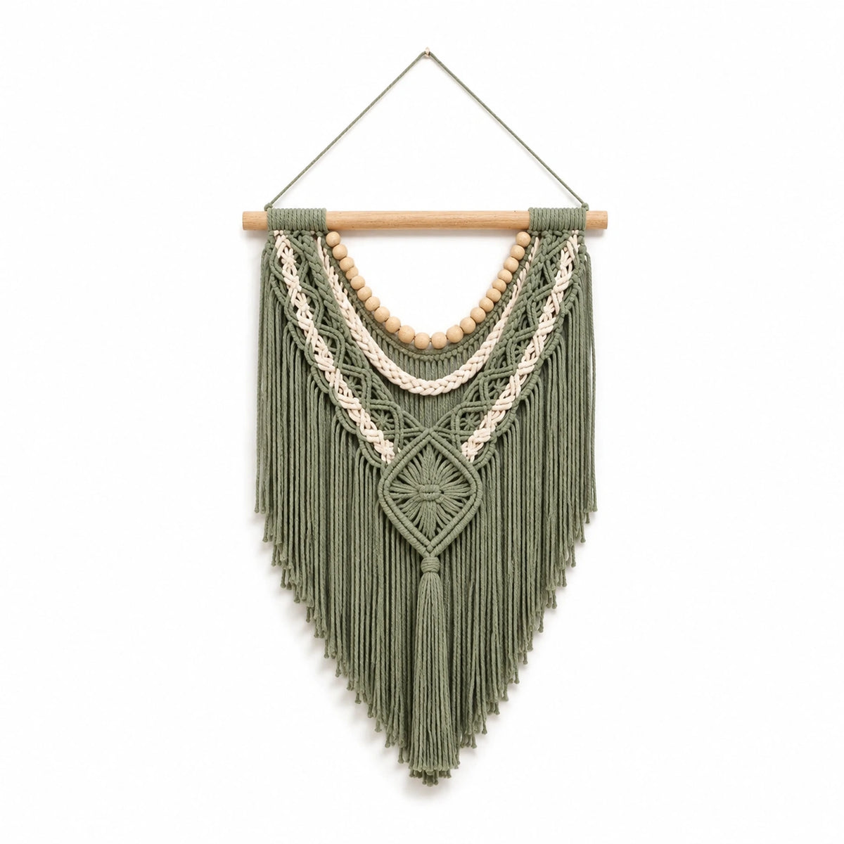 Arazzo da parete macramè 45 x 80 cm in cotone verde salvia con frange stile boho