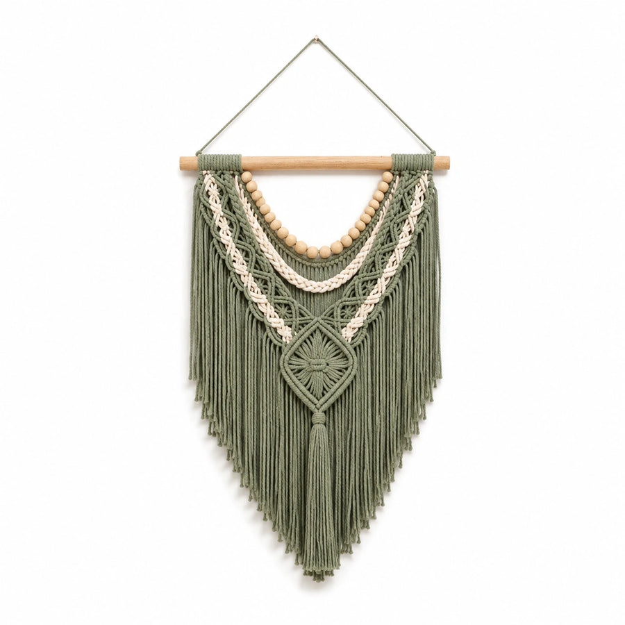 Arazzo da parete macramè 45 x 80 cm in cotone verde salvia con frange stile boho
