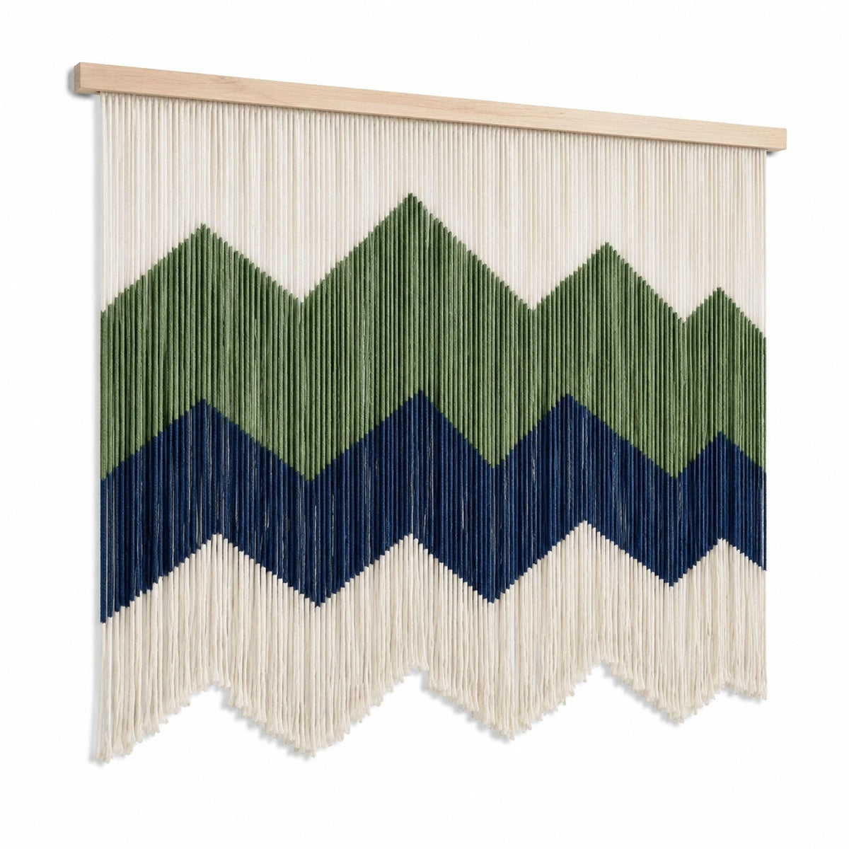 Arazzo da parete 90 x 100 cm in cotone verde blu e avorio con asta in legno stile geometrico