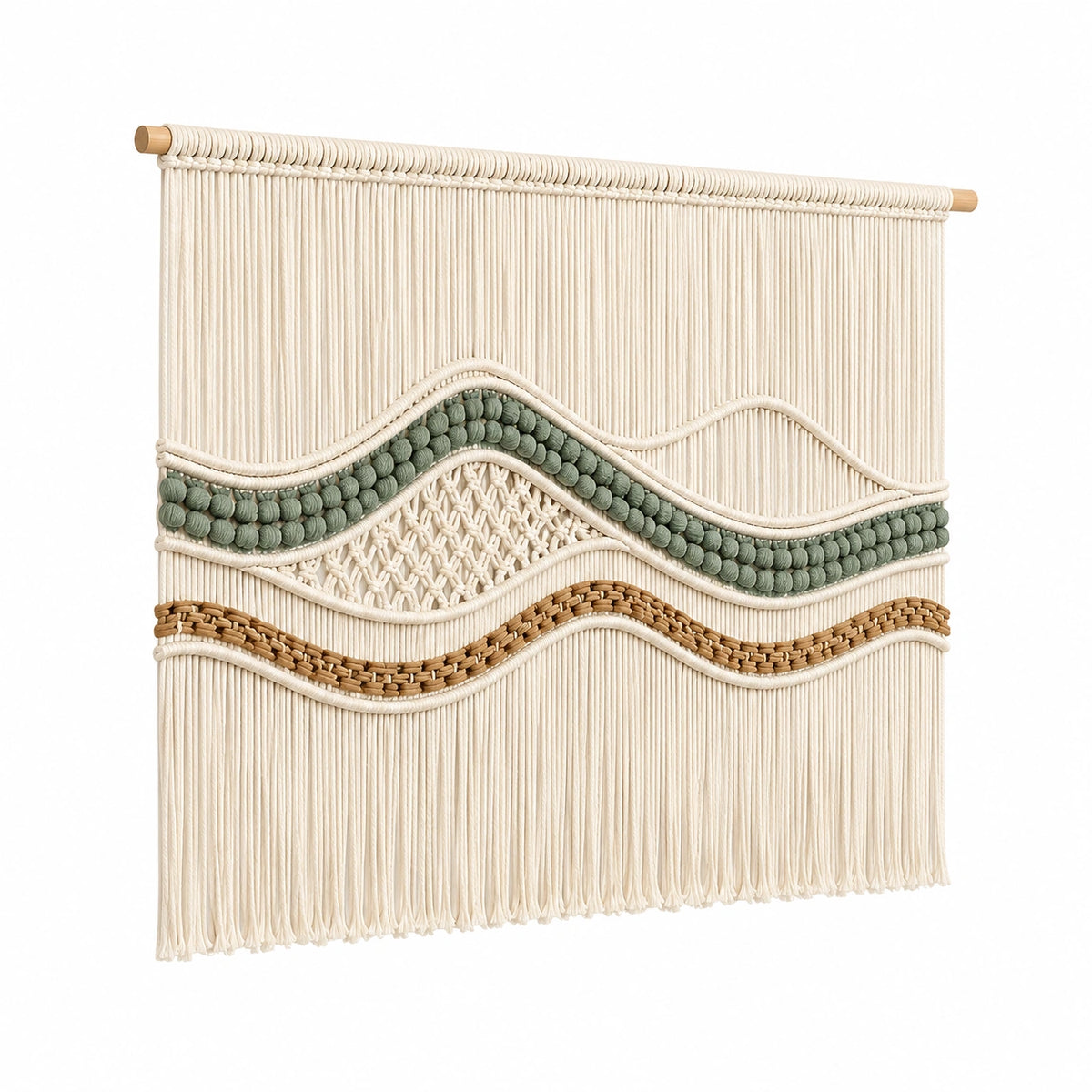 Arazzo da parete 90 x 100 cm in corda di cotone beige verde e marrone con frange stile boho