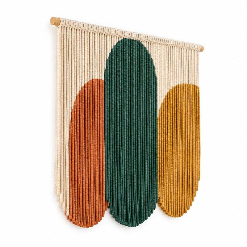 Arazzo da parete 60 x 85 cm in corda di cotone beige verde arancione e giallo stile boho