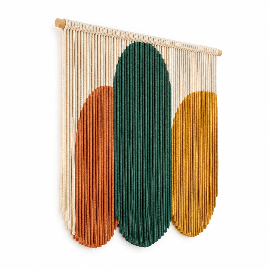 Arazzo da parete 60 x 85 cm in corda di cotone beige verde arancione e giallo stile boho