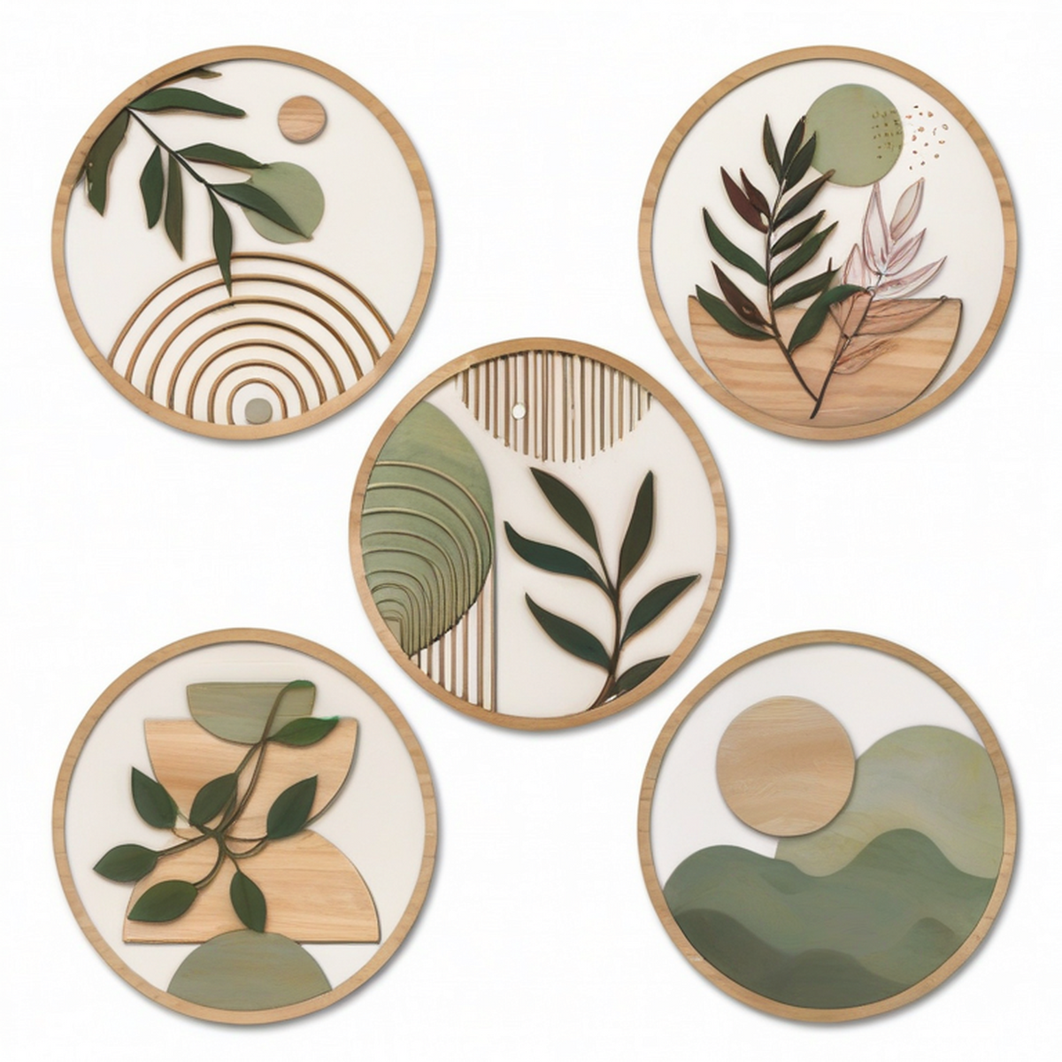 Decorazione da parete set 5 pezzi diametro 30 cm in legno verde beige stile botanico