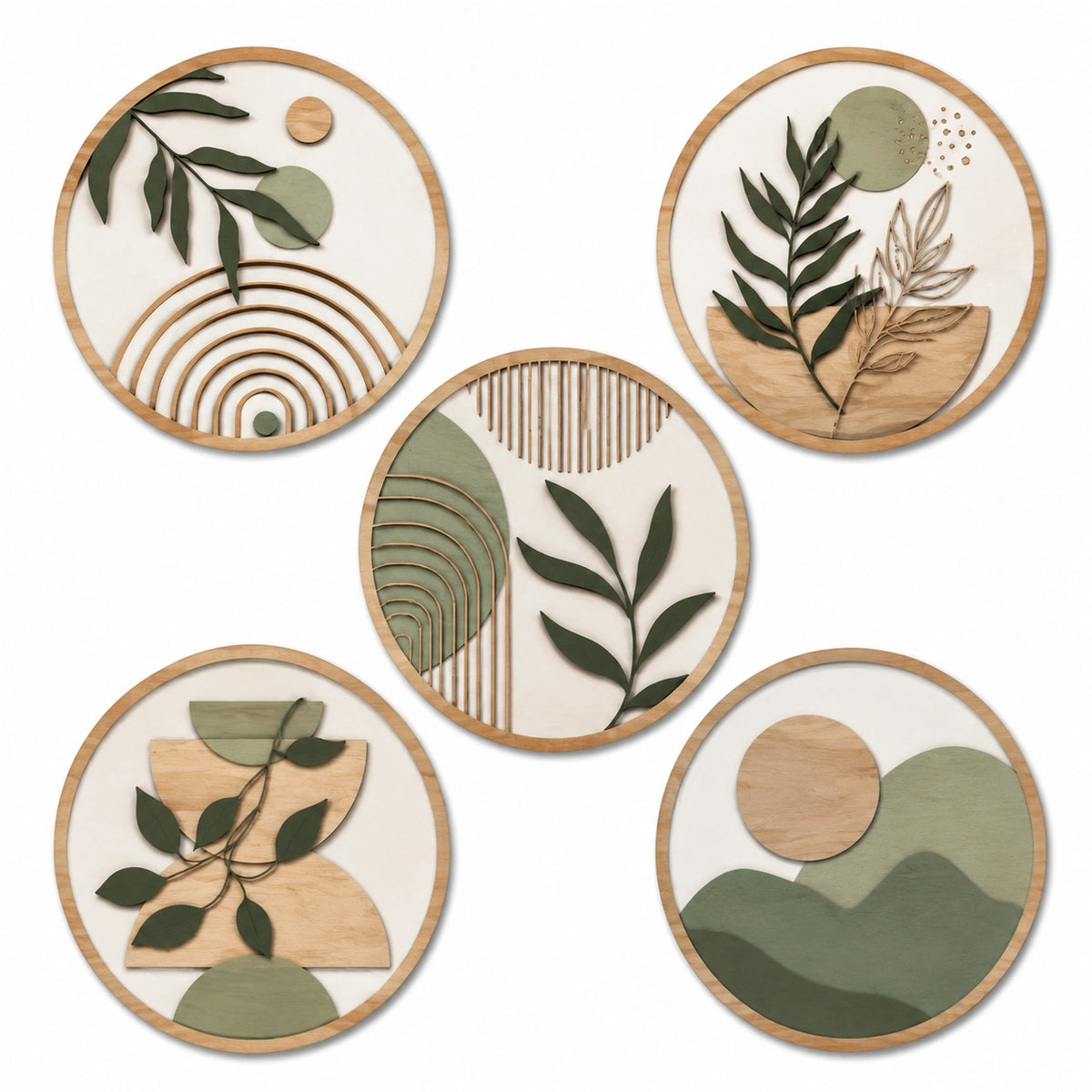 Decorazione da parete set 5 pezzi diametro 30 cm in legno verde beige stile botanico
