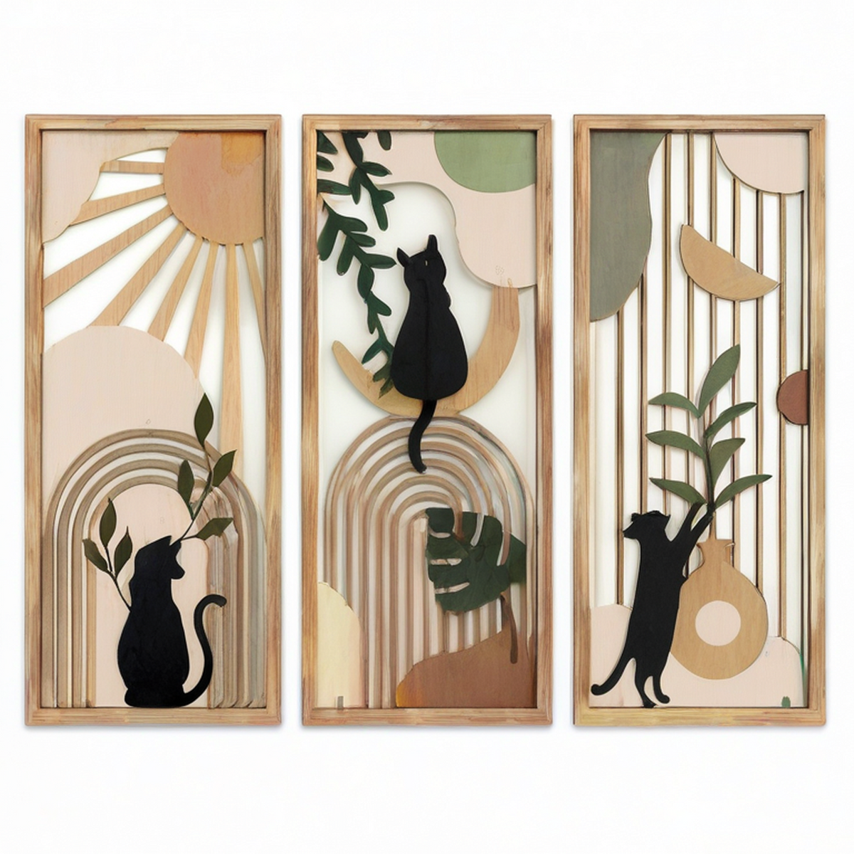 Set di pannelli decorativi da parete 30 x 90 cm in legno multistrato con gatti e foglie stile naturale