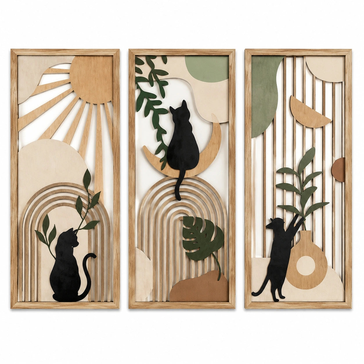 Set di pannelli decorativi da parete 30 x 90 cm in legno multistrato con gatti e foglie stile naturale