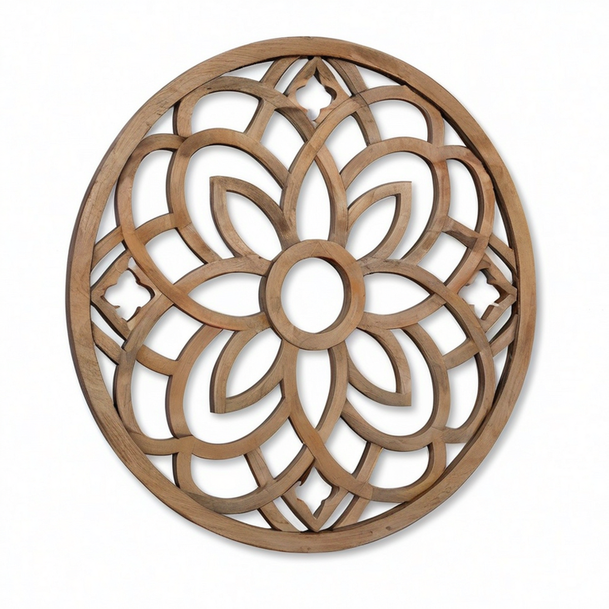 Decorazione da parete rotonda 80 cm in legno marrone stile floreale traforato