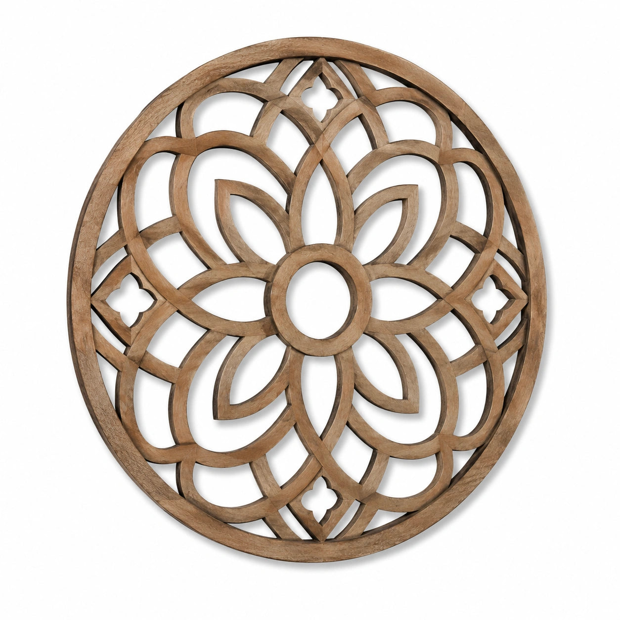 Decorazione da parete rotonda 80 cm in legno marrone stile floreale traforato