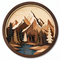 Decorazione da parete rotonda 40 cm in legno marrone naturale con paesaggio montano a rilievo