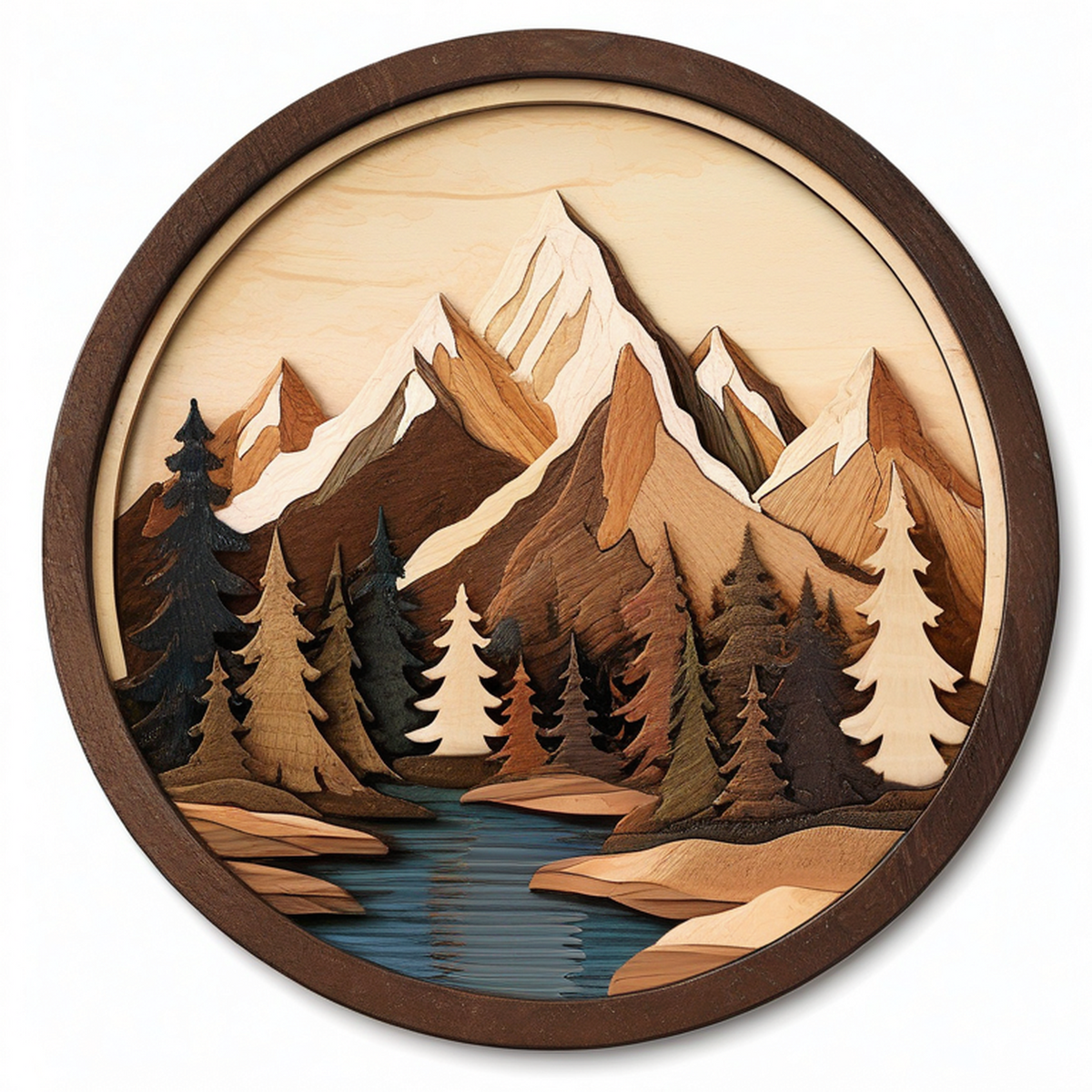 Decorazione da parete rotonda 40 cm in legno marrone naturale con paesaggio montano a rilievo