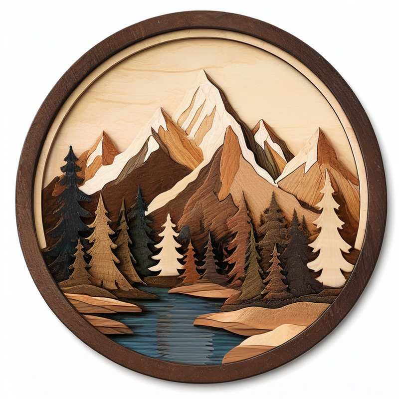 Decorazione da parete rotonda 40 cm in legno marrone naturale con paesaggio montano a rilievo