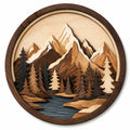 Decorazione da parete rotonda 40 cm in legno marrone naturale con paesaggio montano a rilievo